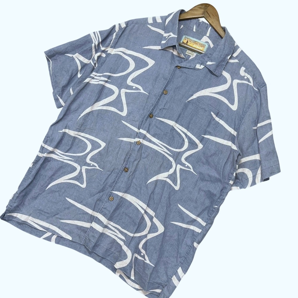 Vintage Quiksilver Linen Button Up Shirt Mens 2XL Abstract Bird Surf Print Beach